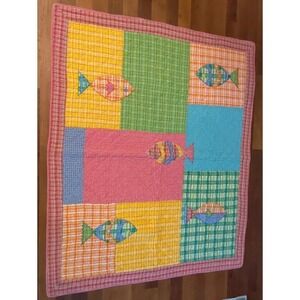 HANDMADE BABY BOY GIRL QUILT CRIB BLANKET APPLIQUED THROW FISH Colorful 62 x 51"